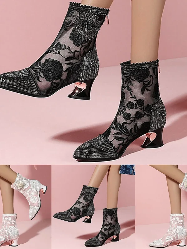 New Women Shoes Fashion Sexy Lace Rhinestone Embroidered Mesh Short Boots Pointed Toe Thick Heel Nude Ankle Boots For Women