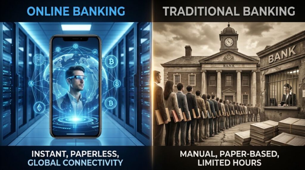 online bank account vs traditional bank comparison visual