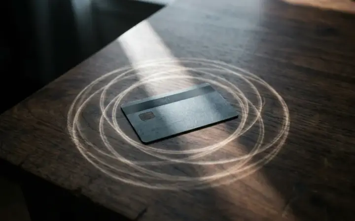 A bank card on a dark wooden table encircled by faint concentric rings of light, suggesting charges that repeat without being noticed