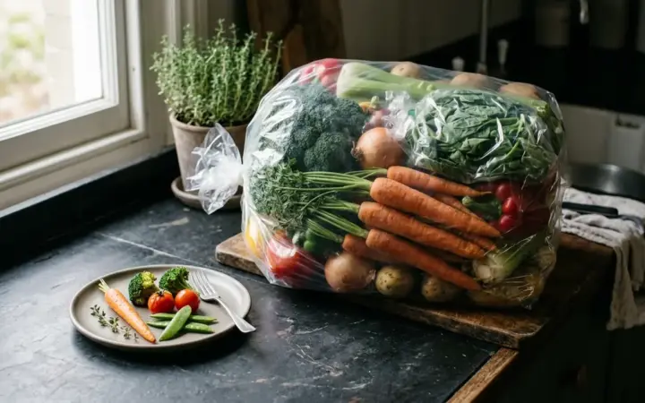 One small plate of food beside a large bulk bag of vegetables on a kitchen counter, showing the mismatch in scale