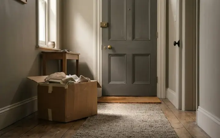 A part-filled cardboard box sitting by a closed front door in a daylit hallway