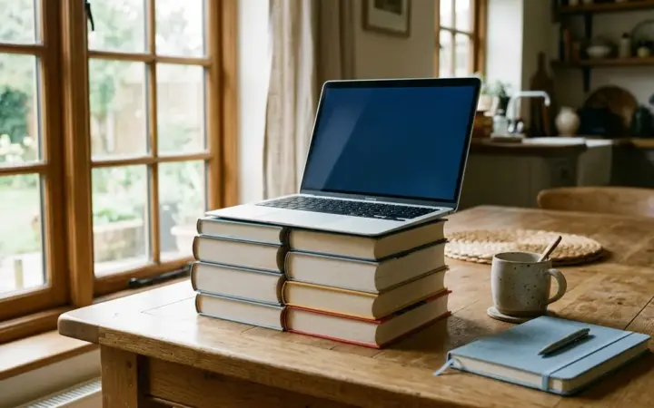 A laptop raised to eye level on a stack of hardback books on a plain kitchen table in daylight
