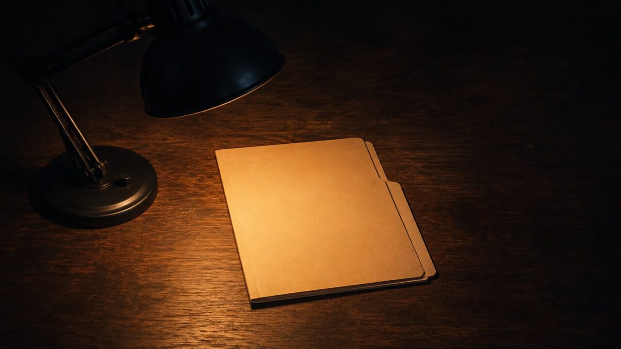 A manila folder lit by a desk lamp on a dark wooden desk, representing a prepared case for asking for a raise