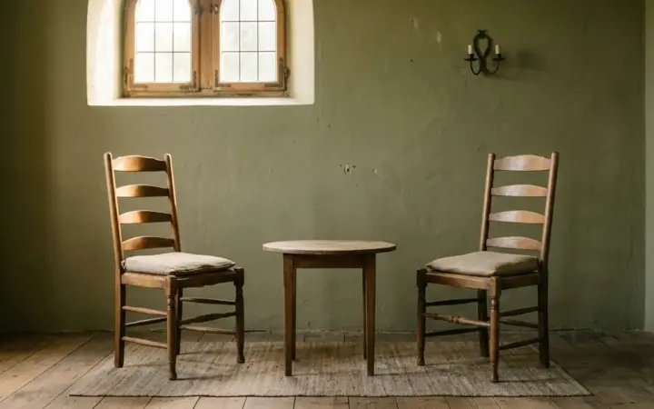 Two empty chairs facing each other across a small bare table, one lit more brightly than the other