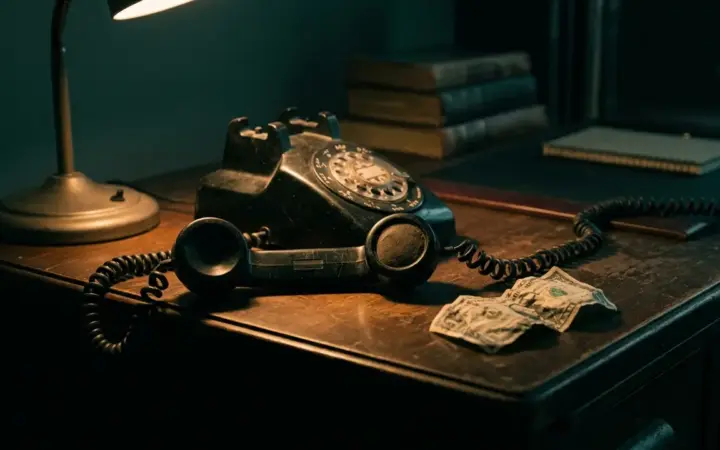 An old telephone handset resting off the hook on a dark desk beside a folded paper bill, lit by a single warm lamp