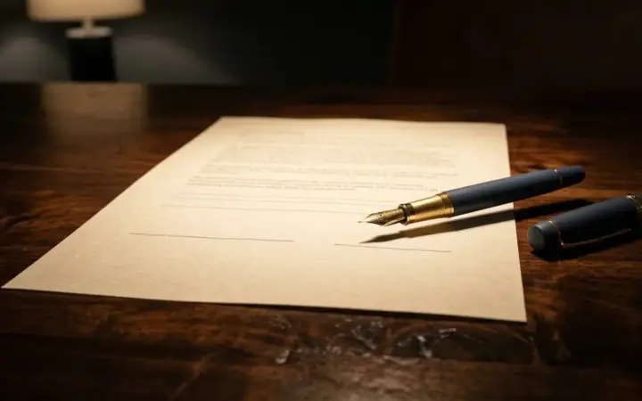 An unsigned document and an uncapped fountain pen lying apart on a dark table under a single overhead light