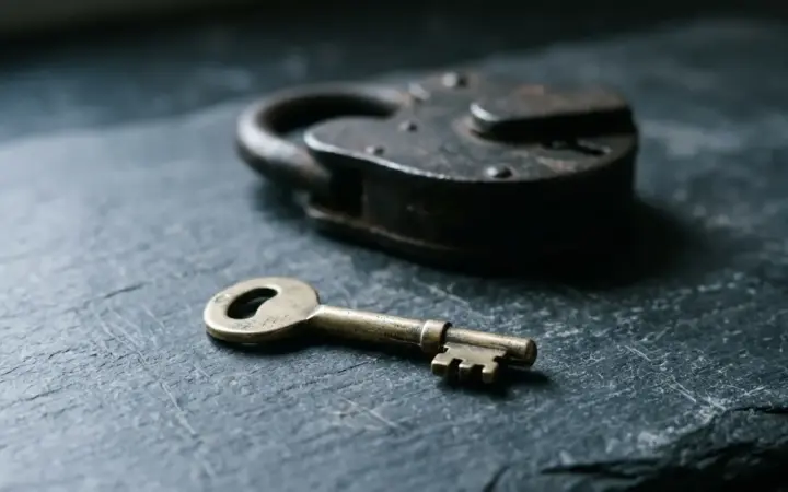 A single small brass key in focus on a dark surface with a heavy closed padlock blurred behind it