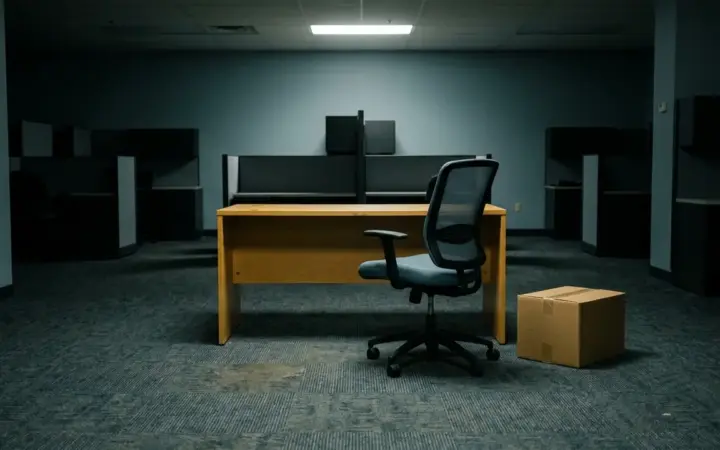 An empty office chair pushed back from a cleared desk with a single cardboard box on the floor beside it