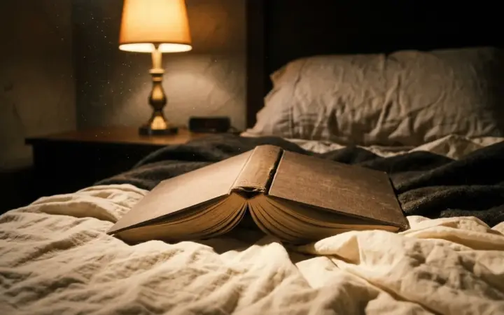 A hardback book left face down and open at its halfway point on a bedside surface in warm lamplight