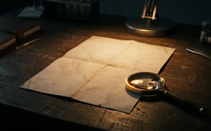 A folded paper document under a focused desk lamp with a magnifying glass resting at its edge