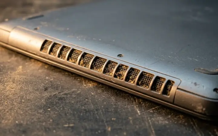 Close-up of dust caught in the cooling vent on the underside of a closed laptop, lit from the side