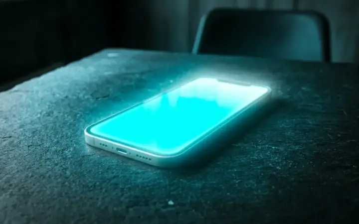 A smartphone face up on a dark table with a bright cyan screen casting light across the surface