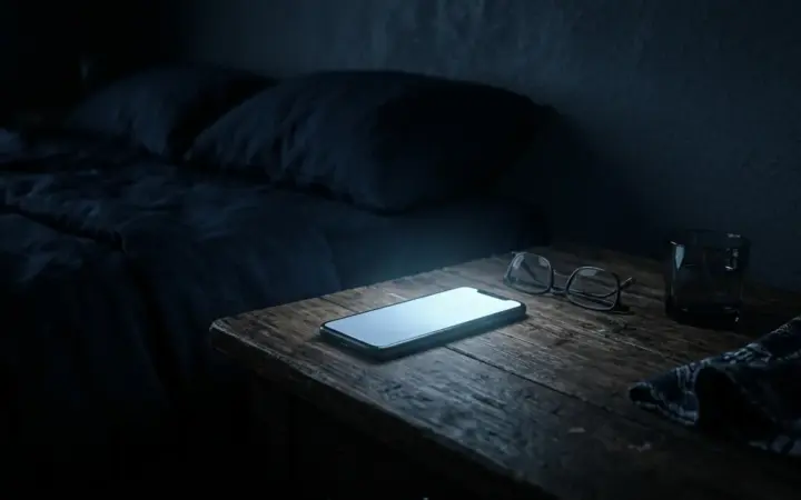 A phone lying face up and glowing on a bedside table in a dark bedroom, its screen the only light